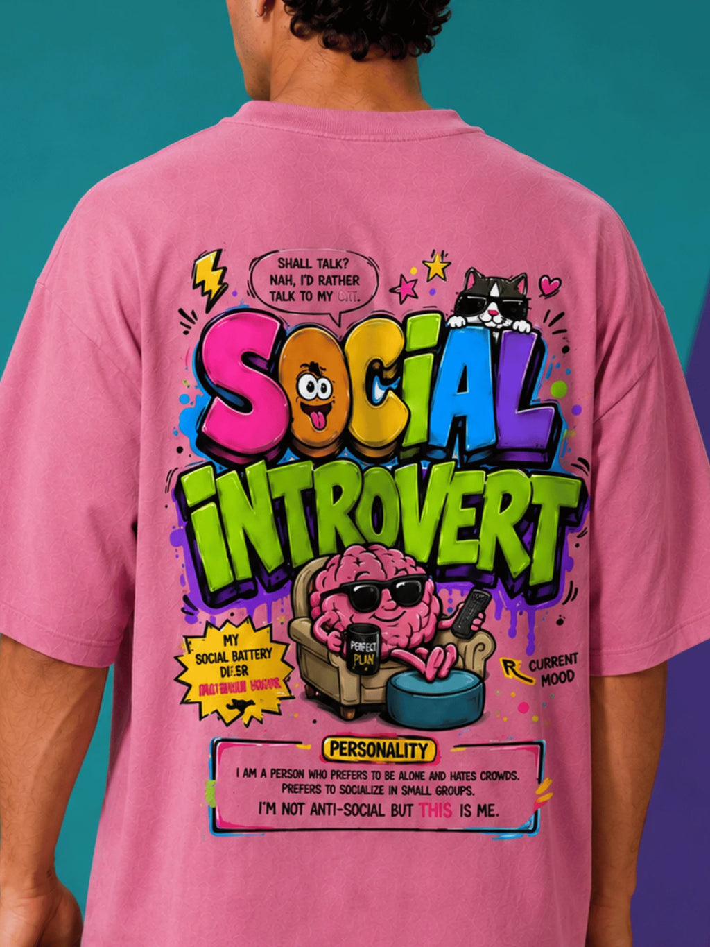 Excello Men's 'Social Introvert' Graphic Oversized T-Shirt | Rose Pink