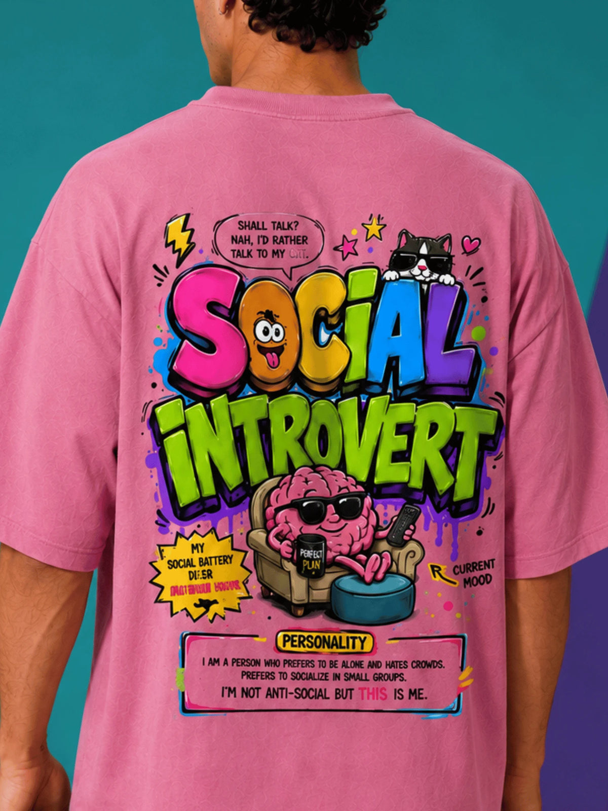 Excello Men's 'Social Introvert' Graphic Oversized T-Shirt | Rose Pink