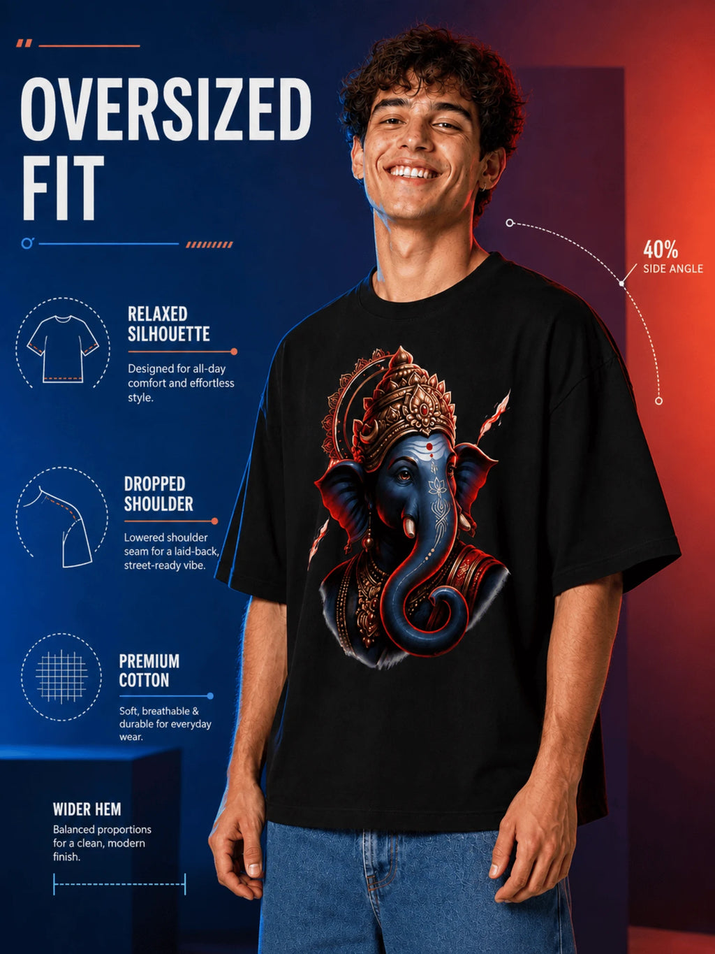 Excello Ganesha Oversized T-Shirt - 240GSM Cotton-Black
