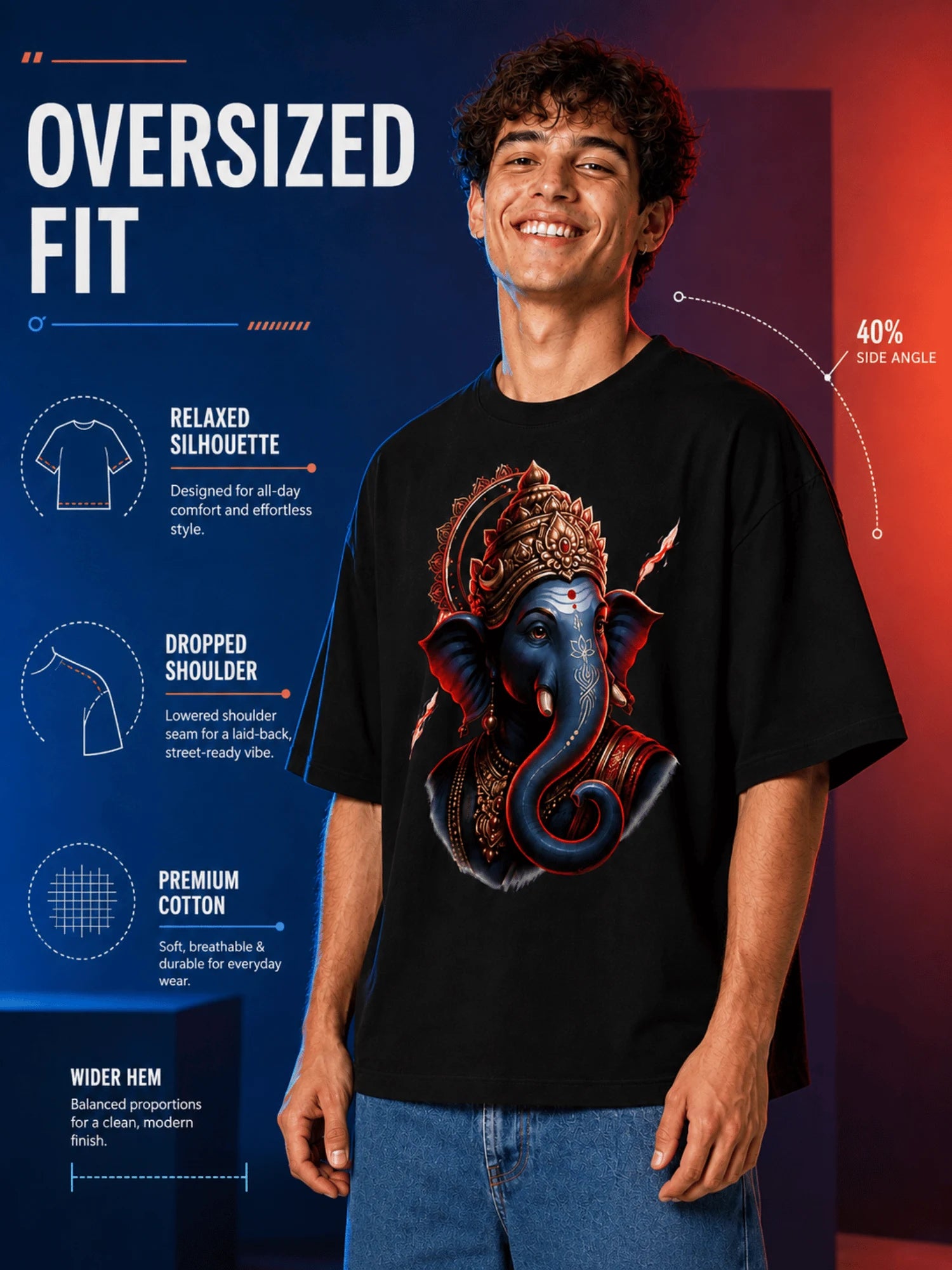 Excello Ganesha Oversized T-Shirt - 240GSM Cotton-Black