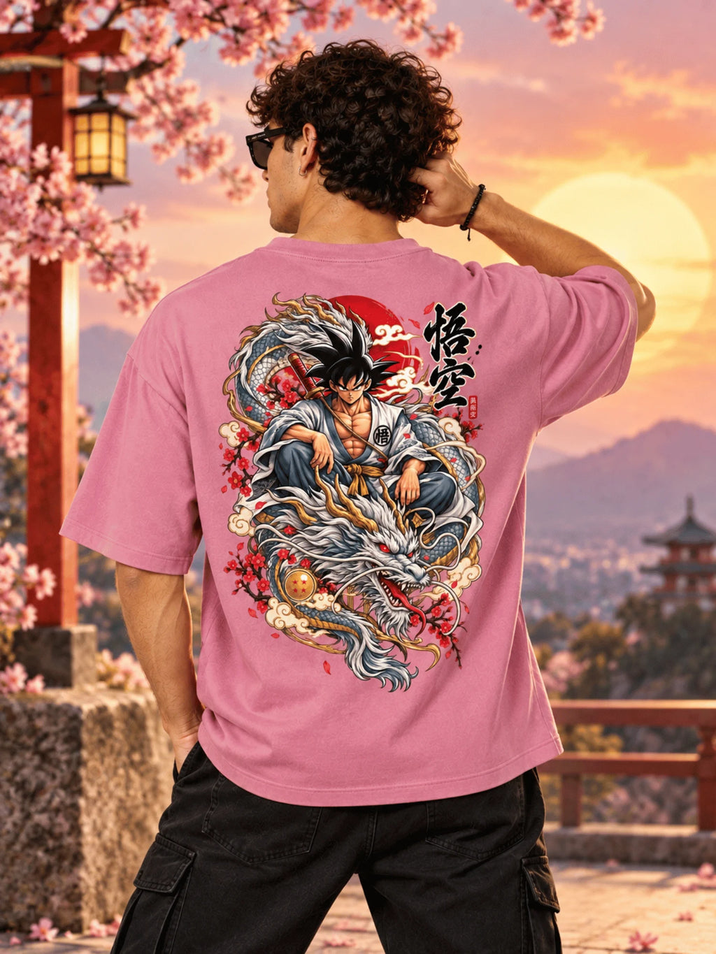 Excello Men's  Anime Dragon Graphic Oversized T-Shirt | Rose Pink