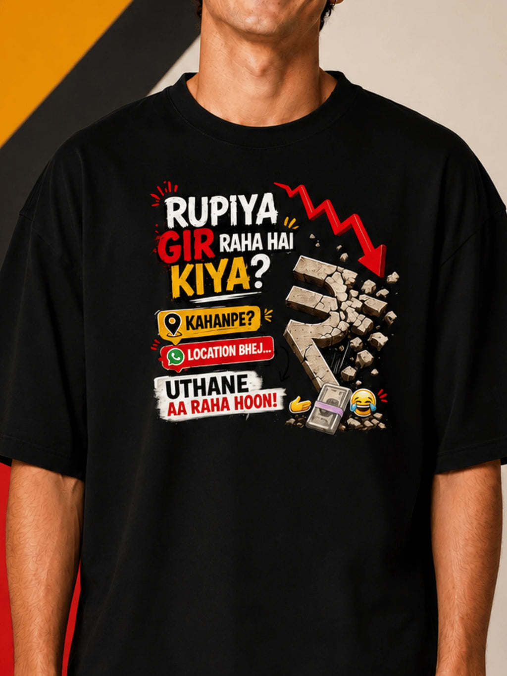 Excello Men's 'Rupiya Gir Raha Hai' Humorous Graphic Oversized T-Shirt| Black