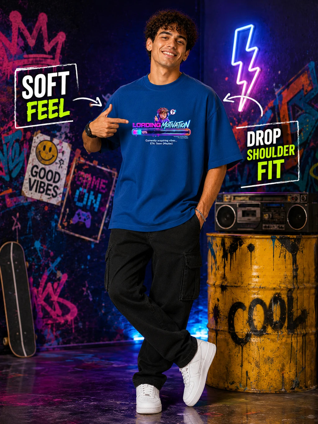 Excello Men's 'Loading Motivation' Gamer Graphic Oversized T-Shirt | Air Force Blue
