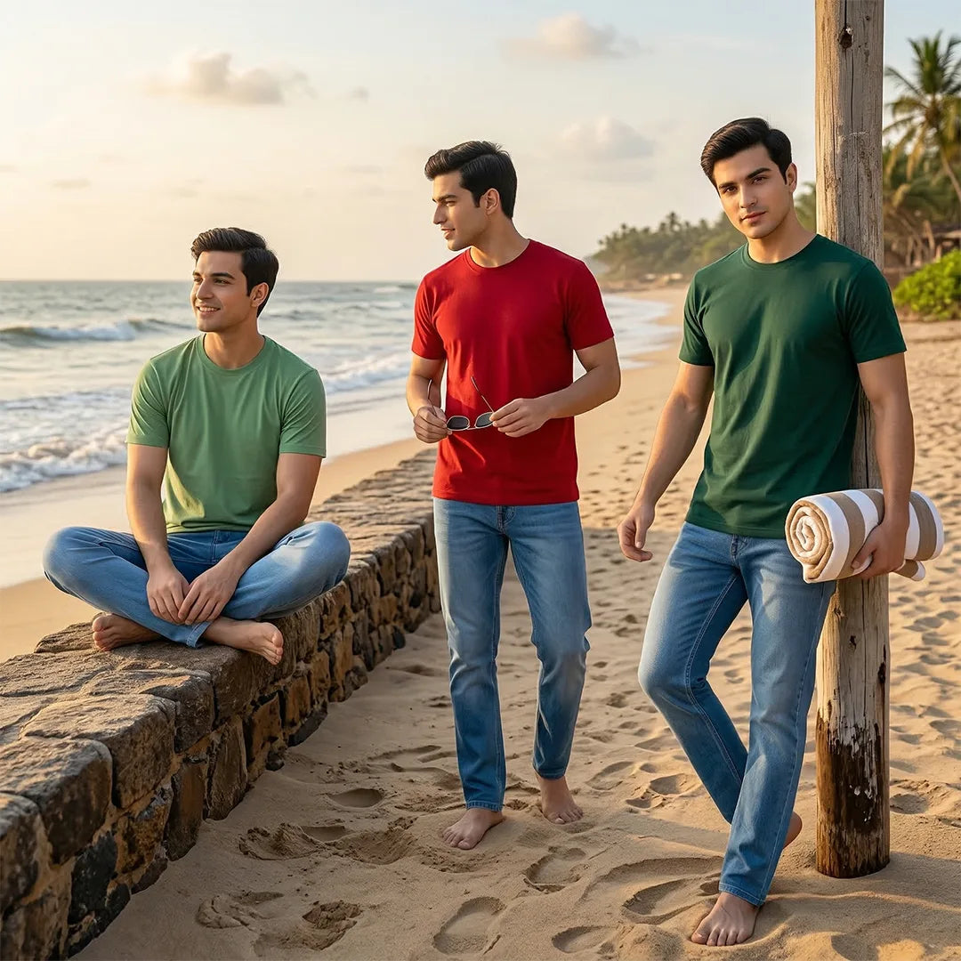 Premium Men’s Round Neck Pure Cotton T-Shirt Combo – 180 GSM Biowashed Regular Fit Half Sleeve Tees (Pack of 3)
