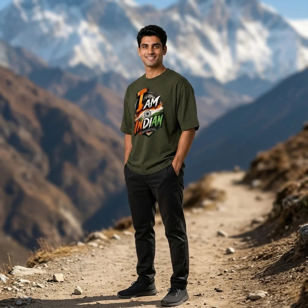 Men's "I Am Indian" Pride Oversized Graphic T-Shirt - 240 GSM Pure Cotton, Bio-Washed