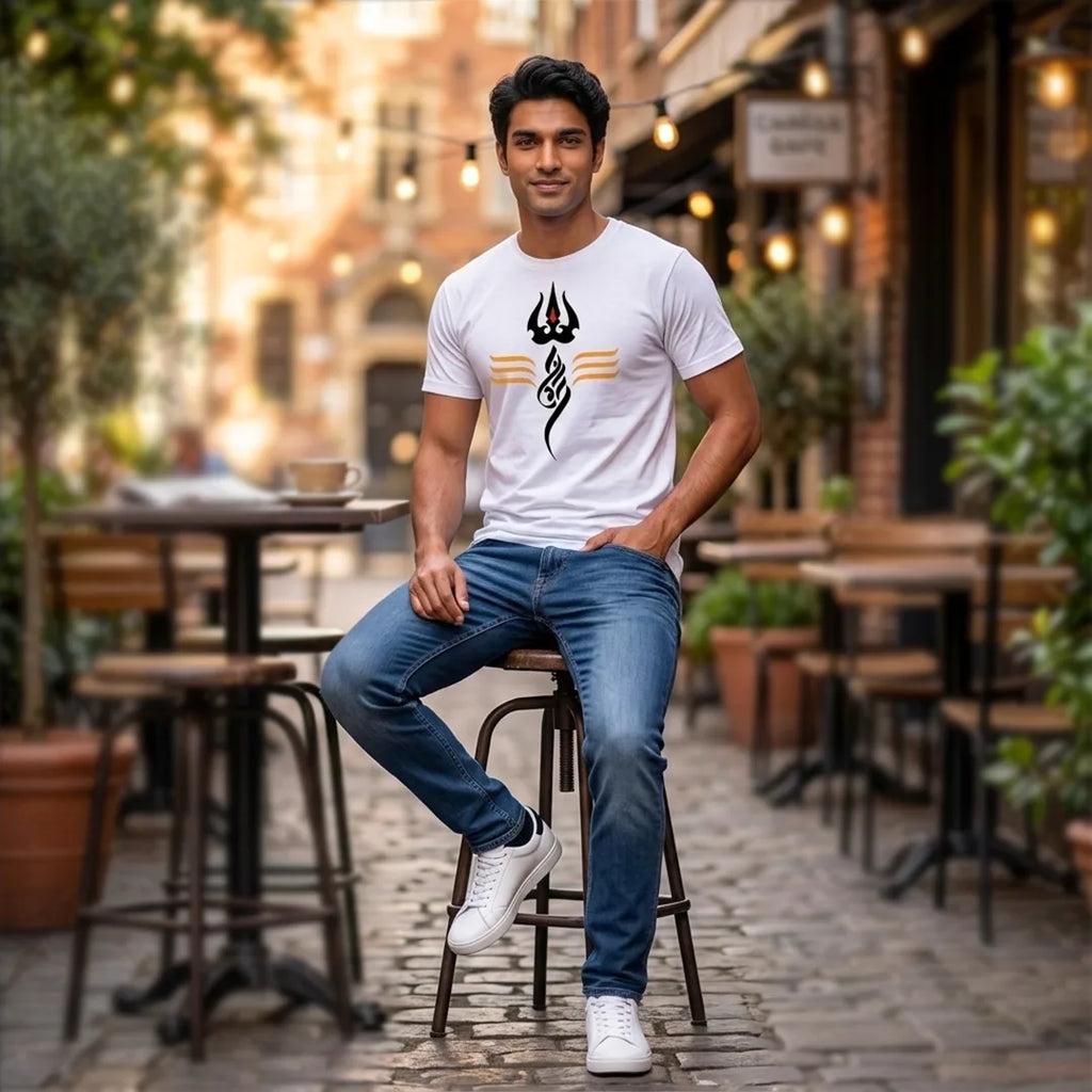 Men's Pure Cotton Regular Fit Mahadev Trishul Tilak Printed T-Shirt | 180 GSM Bio-Washed Spiritual Graphic Tee