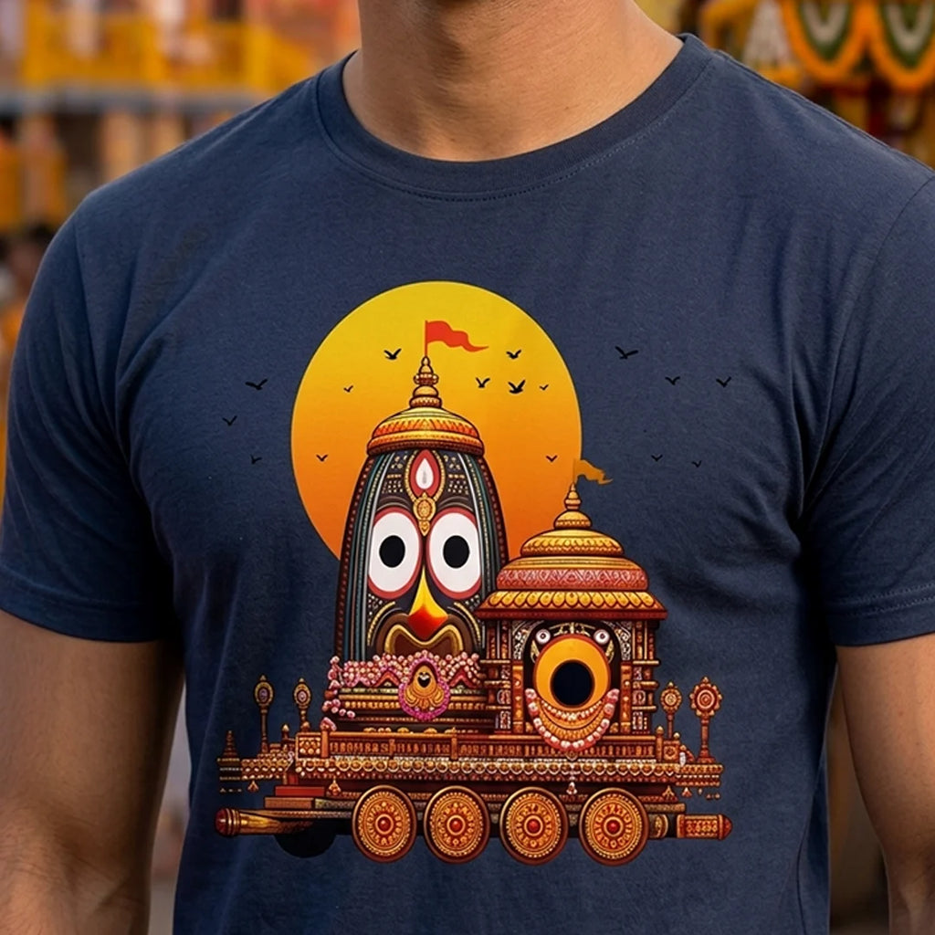Premium Men's Pure Cotton Lord Jagannath Face & Rath Yatra Chariot Graphic T-Shirt