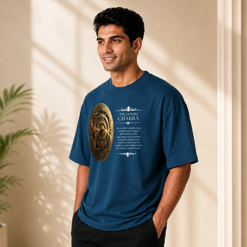 Men's Oversized Graphic T-Shirt - The Cosmic Chakra Mystical Print, 240 GSM Pure Cotton, Bio-Washed