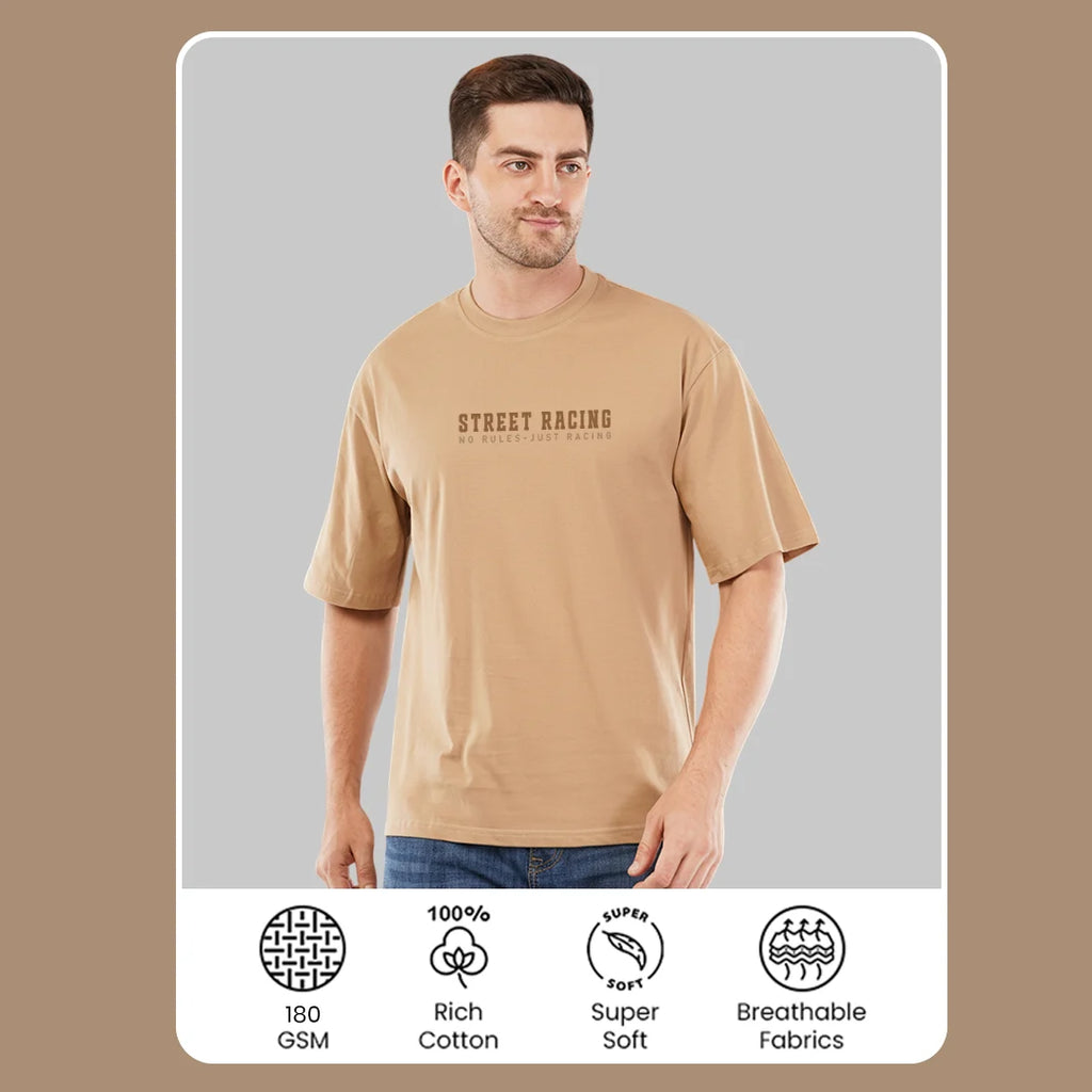 Men’s Oversized "Street Racing" Graphic T-Shirt - Camel Tan