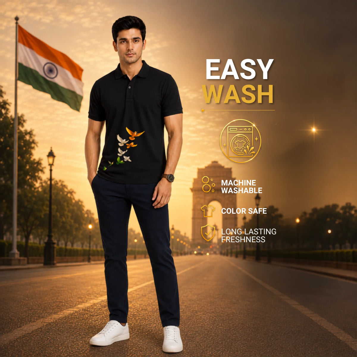 Excello Premium 210GSM Nano Polyester Polo T-Shirt | Regular Fit Patriotic Bird Graphic Polo for Men