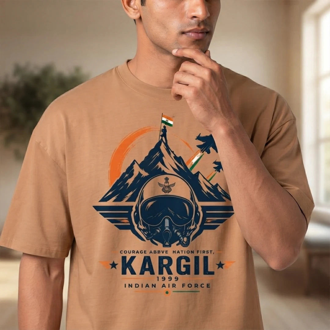 Men's Oversized Graphic T-Shirt - Kargil 1999 Indian Air Force Tribute, 240 GSM Pure Cotton, Bio-Washed