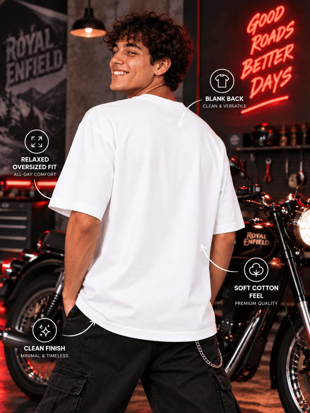 Excello Men's Royal Enfield Bullet 350 Graphic Oversized T-Shirt | White