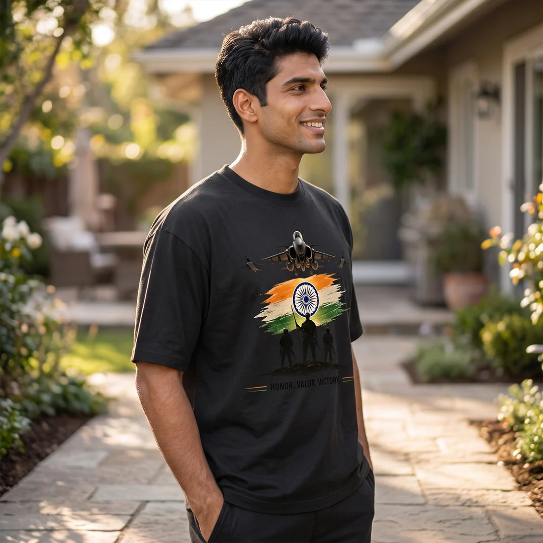Men's Oversized Graphic T-Shirt - "Guardians of the Skies" IAF Tribute, 240 GSM Pure Cotton
