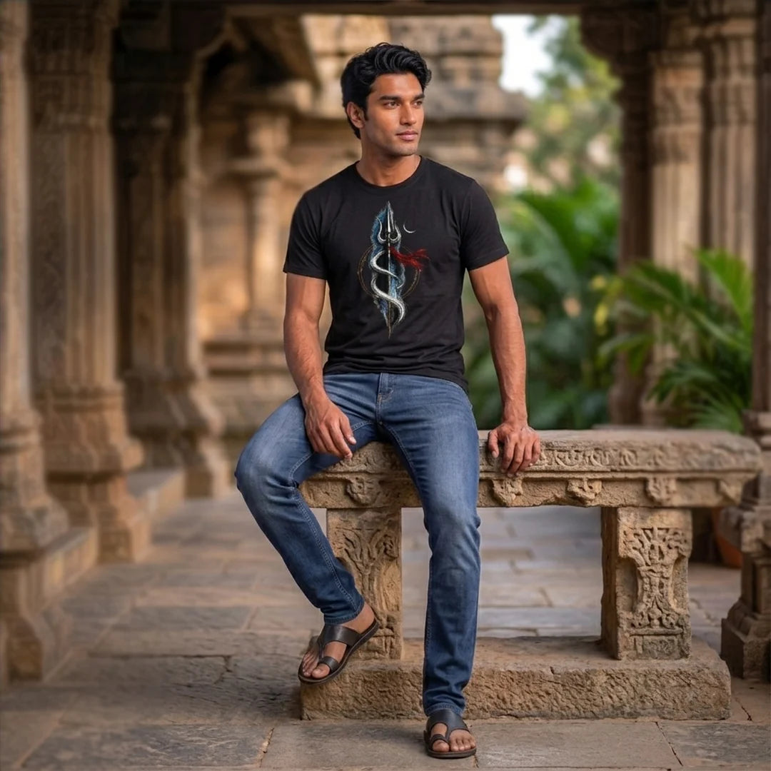 Men's Pure Cotton Regular Fit Mahadev Trishul Crescent Moon Printed T-Shirt | 180 GSM Bio-Washed Spiritual Graphic Tee