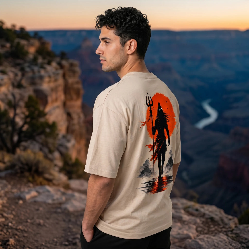 Lord Shiva Mahakal Graphic Printed Oversized T-Shirt | Premium 240 GSM Pure Cotton Breathable Dual-Print Devotional Tee