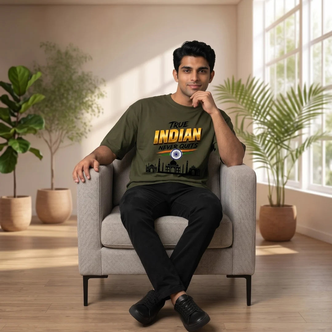 Men's "True Indian Never Quits" Oversized Graphic T-Shirt - 240 GSM Pure Cotton, Bio-Washed