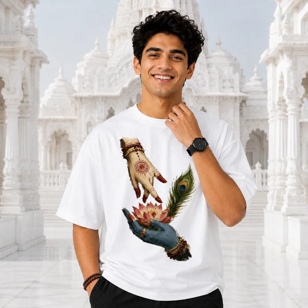 Excello Men's Divine Radha Krishna Lotus Graphic Oversized T-Shirt - 240 GSM Pure Cotton, Bio-Washed