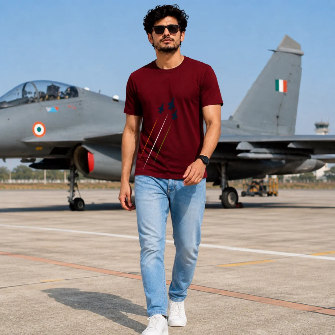 Premium Patriotic Fighter Jet Graphic T-Shirt | 180 GSM Pure Cotton, Bio-Washed Regular Fit