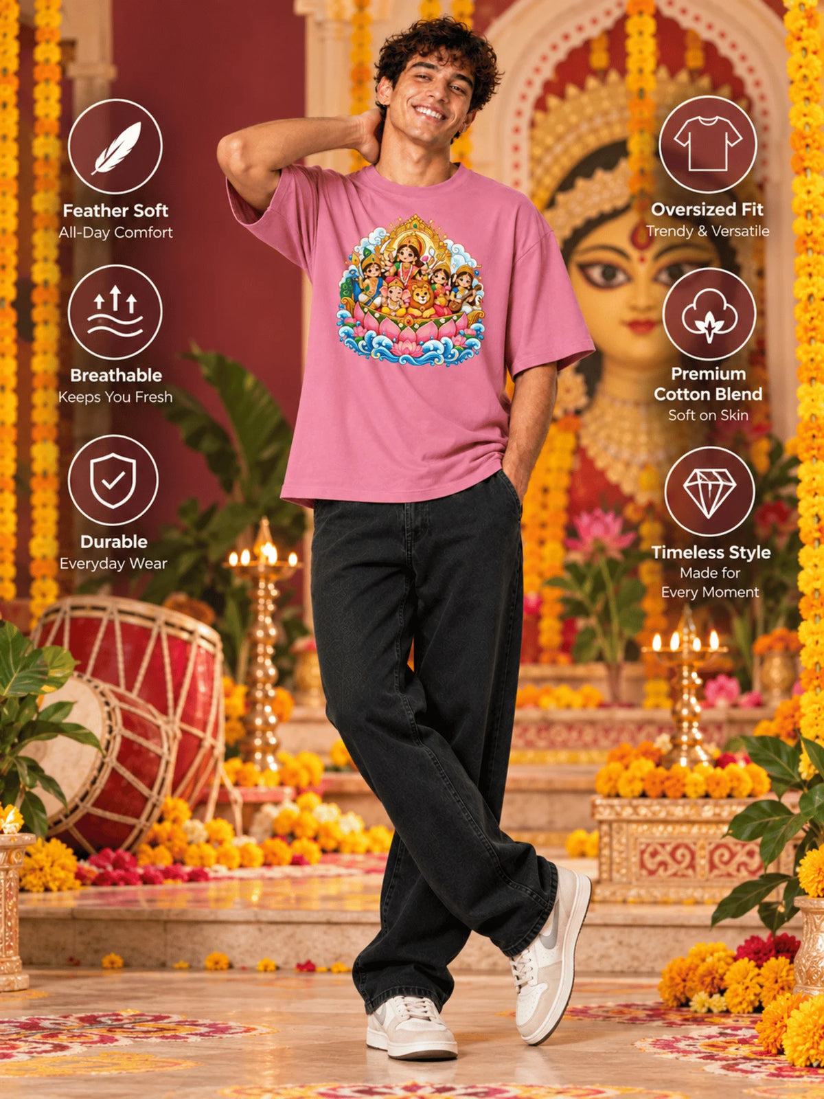 Excello Men's Divine Durga Family Graphic Oversized T-Shirt | Pink