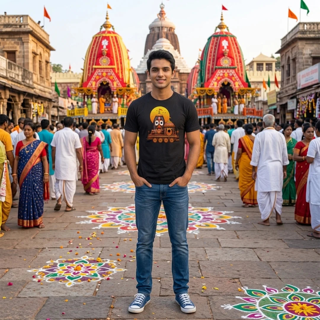 Premium Men's Pure Cotton Lord Jagannath Face & Rath Yatra Chariot Graphic T-Shirt