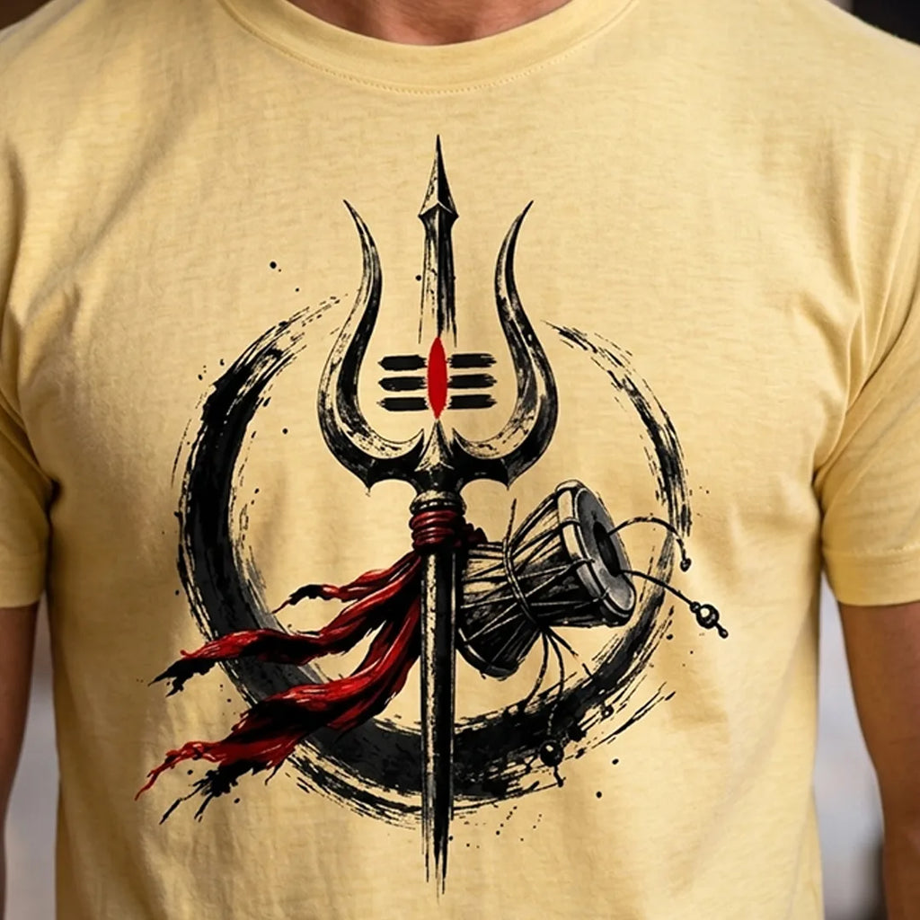 Men's Pure Cotton Regular Fit Mahadev Trishul Damru Graphic T-Shirt | 180 GSM Bio-Washed Spiritual Casual Tee