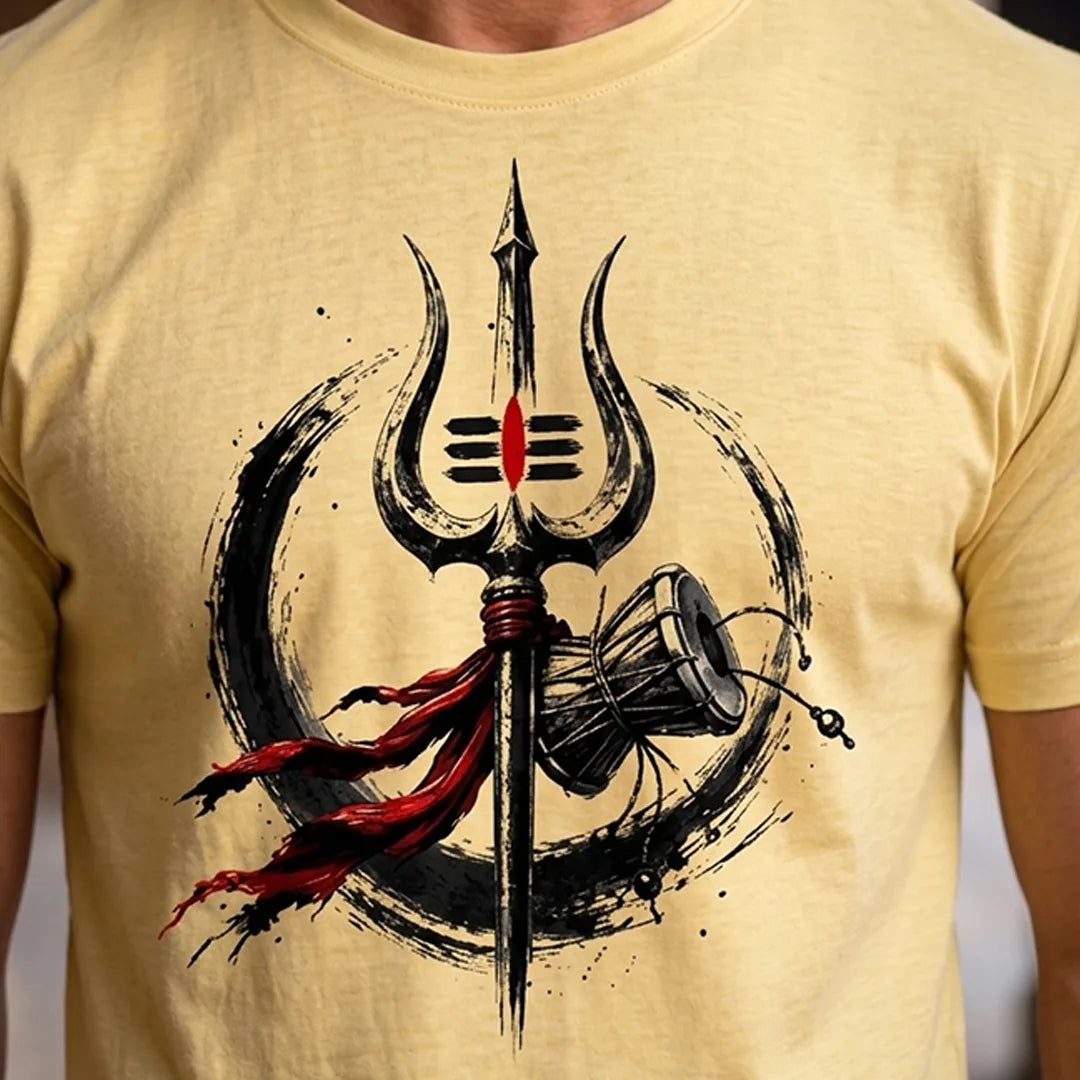 Men's Pure Cotton Regular Fit Mahadev Trishul Damru Graphic T-Shirt | 180 GSM Bio-Washed Spiritual Casual Tee
