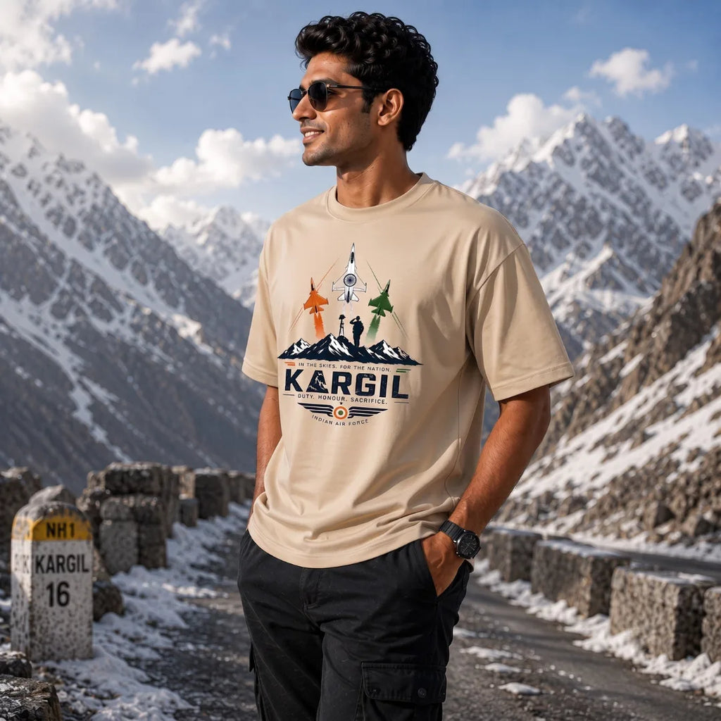 Men's Oversized Graphic T-Shirt - Kargil Indian Air Force Tribute, 240 GSM Pure Cotton, Bio-Washed