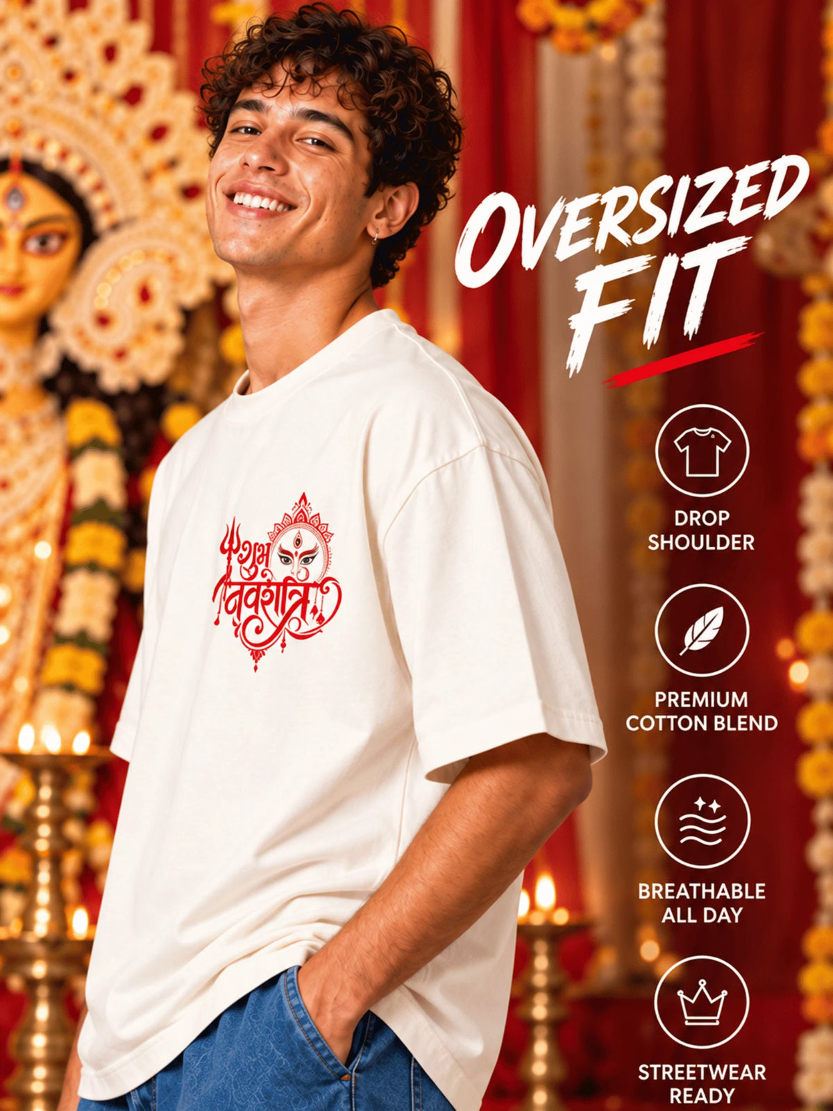 Excello Men's Shubh Navratri Graphic Oversized T-Shirt | Off White