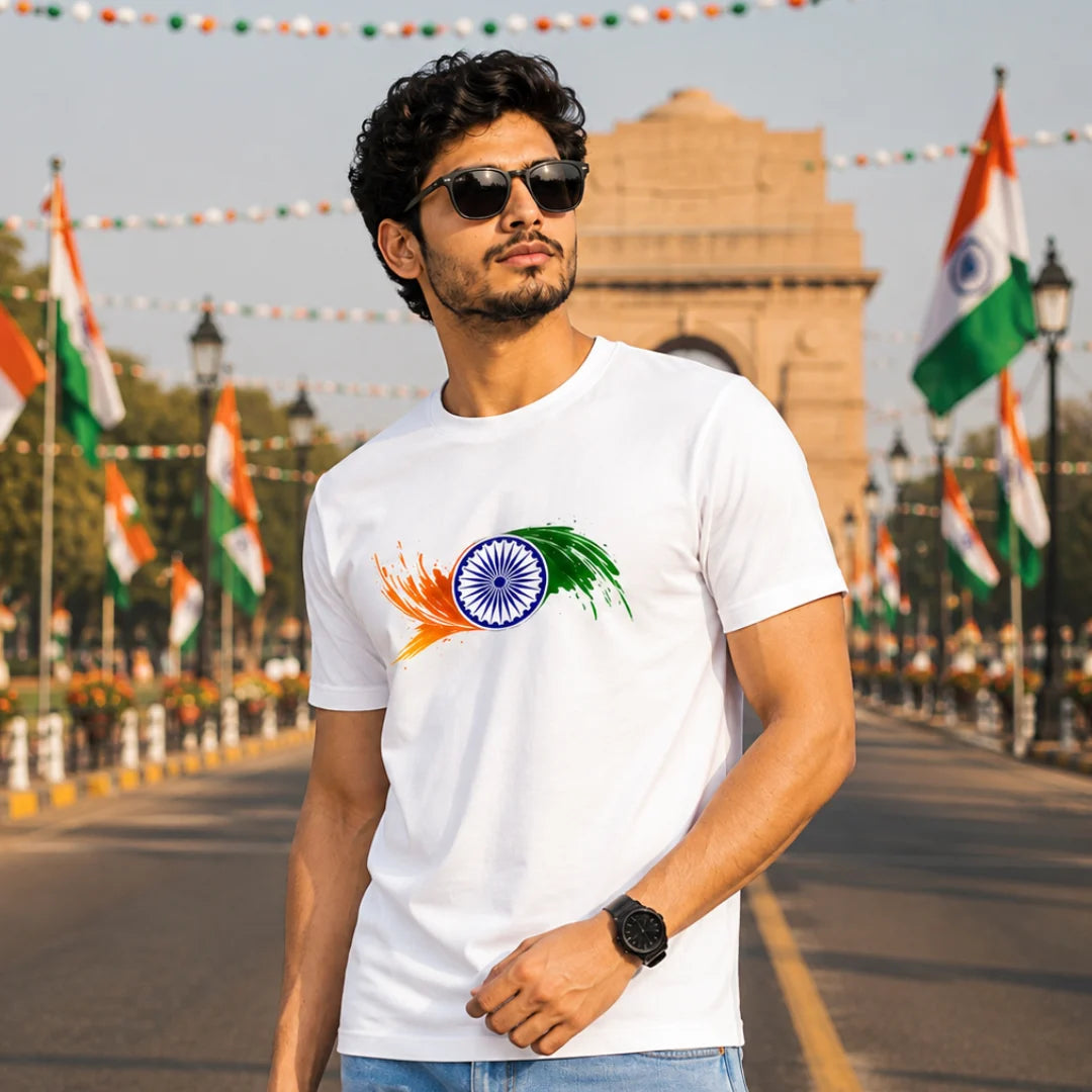 Premium Patriotic Ashoka Chakra T-Shirt | 180 GSM Pure Cotton, Bio-Washed Regular Fit