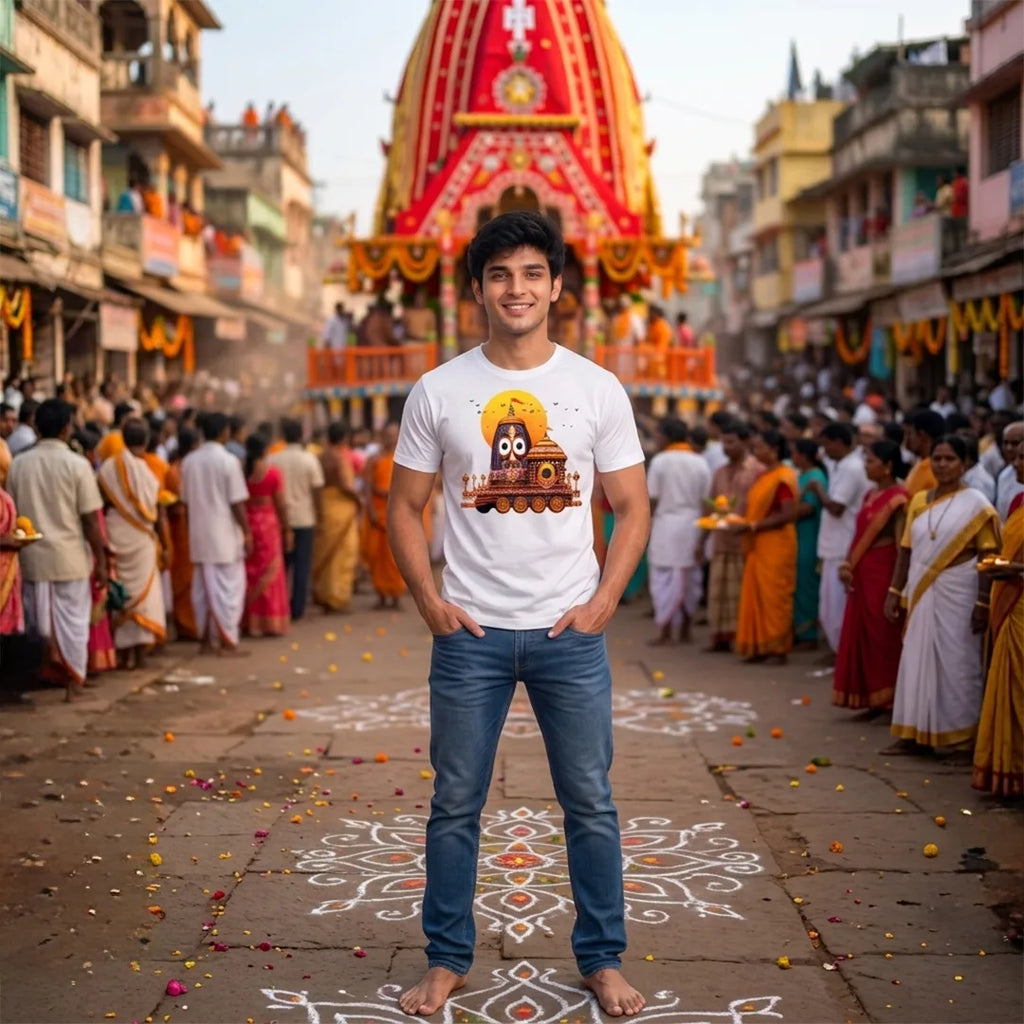 Premium Men's Pure Cotton Lord Jagannath Face & Rath Yatra Chariot Graphic T-Shirt