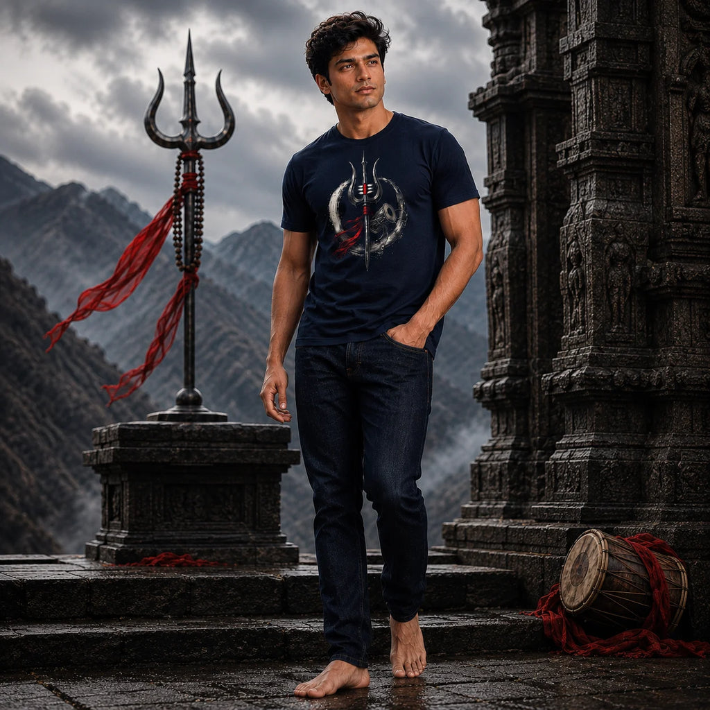 Men's Pure Cotton Regular Fit Mahadev Trishul Damru Graphic T-Shirt | 180 GSM Bio-Washed Spiritual Casual Tee