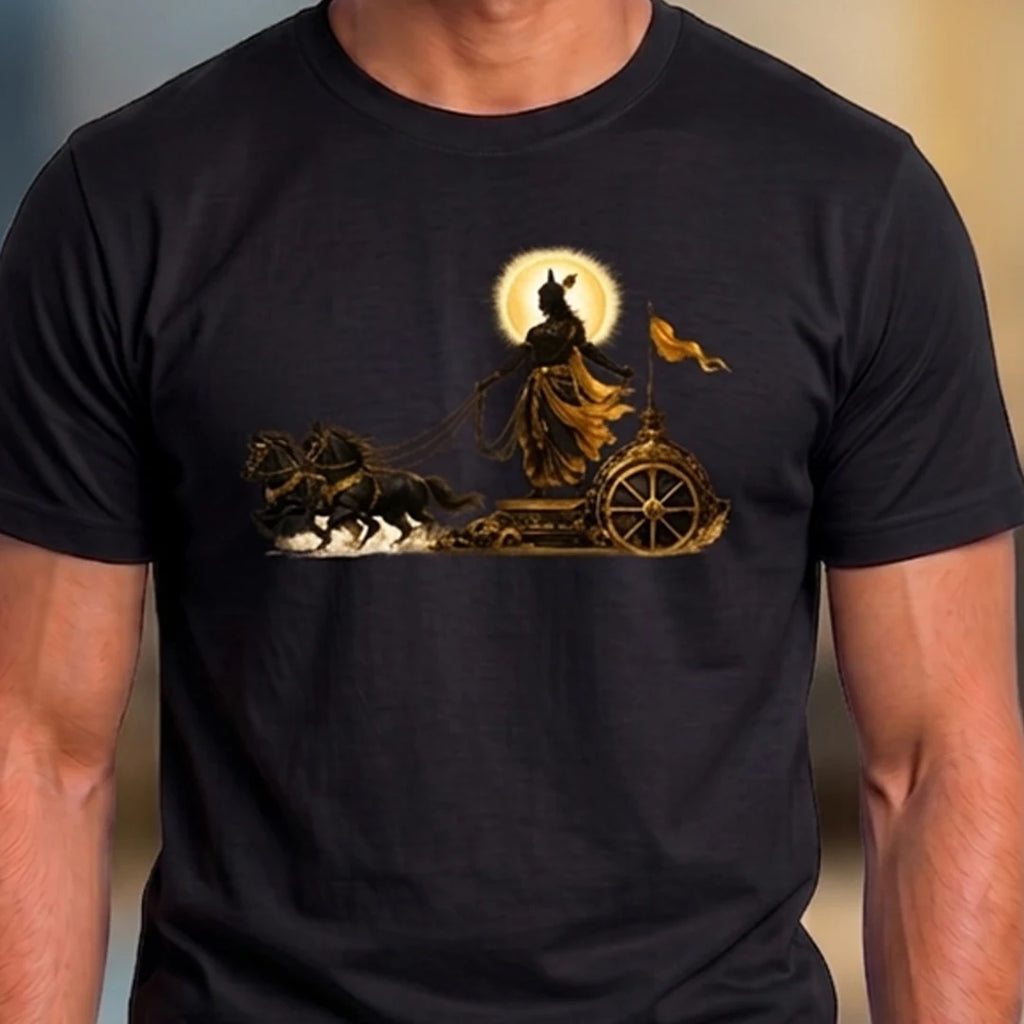 Men's Pure Cotton Regular Fit Lord Krishna Chariot Printed T-Shirt | 180 GSM Bio-Washed Bhagavad Gita Graphic Tee