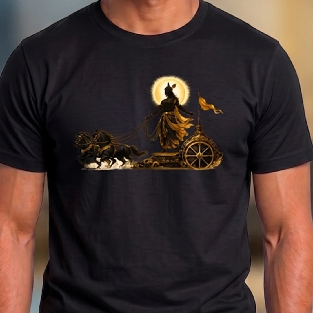 Men's Pure Cotton Regular Fit Lord Krishna Chariot Printed T-Shirt | 180 GSM Bio-Washed Bhagavad Gita Graphic Tee