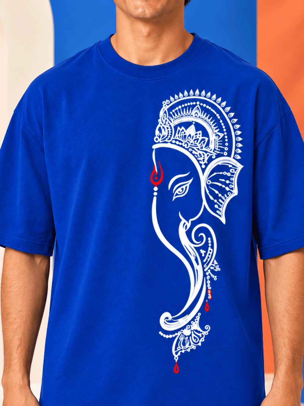 Excello Men's Minimalist Ganesha Line Art Graphic Oversized T-Shirt - 240 GSM Pure Cotton, Bio-Washed-Airforce Blue