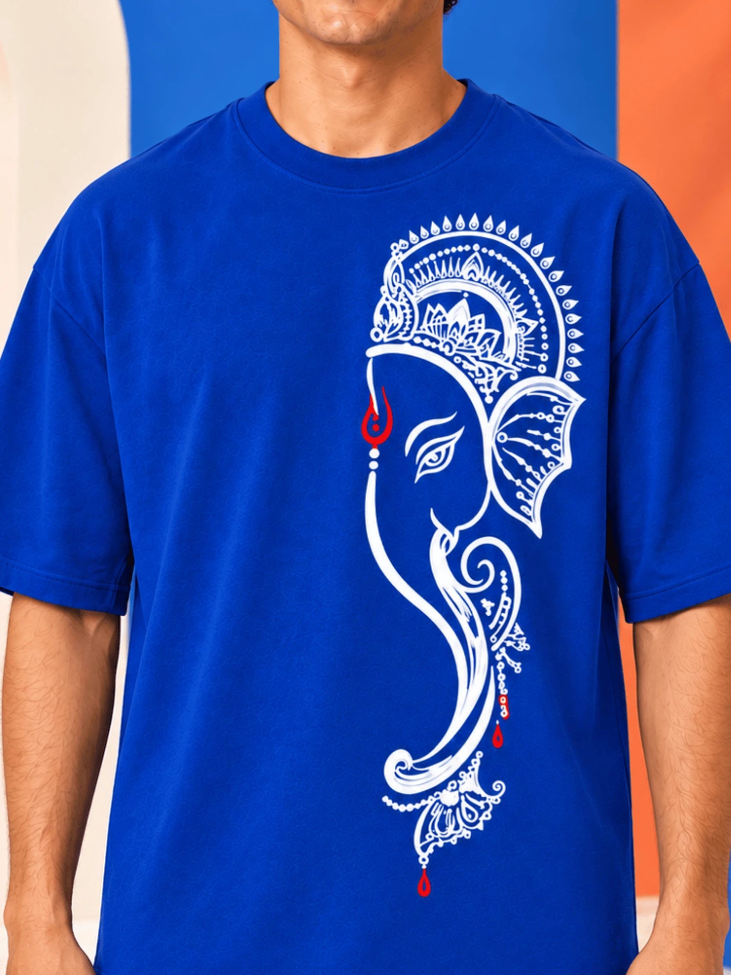 Excello Men's Minimalist Ganesha Line Art Graphic Oversized T-Shirt - 240 GSM Pure Cotton, Bio-Washed-Airforce Blue