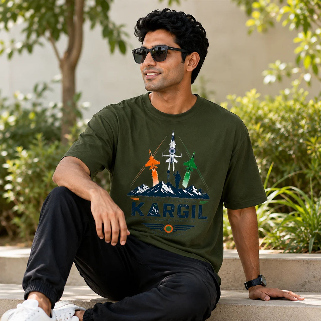 Men's Oversized Graphic T-Shirt - Kargil Indian Air Force Tribute, 240 GSM Pure Cotton, Bio-Washed