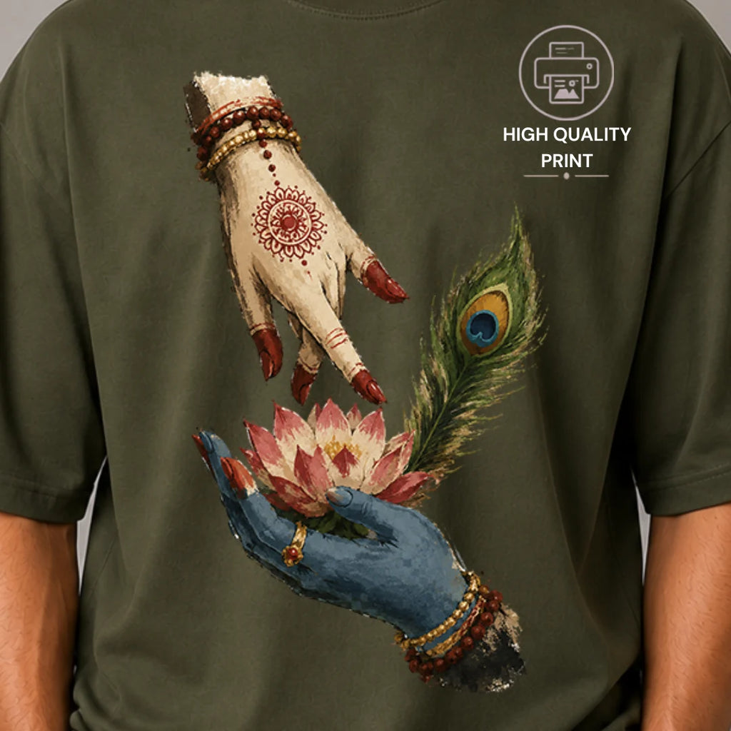 Excello Men's Divine Radha Krishna Lotus Graphic Oversized T-Shirt - 240 GSM Pure Cotton, Bio-Washed