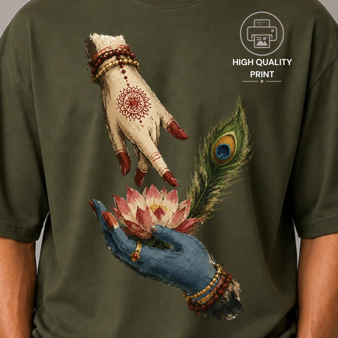 Excello Men's Divine Radha Krishna Lotus Graphic Oversized T-Shirt - 240 GSM Pure Cotton, Bio-Washed