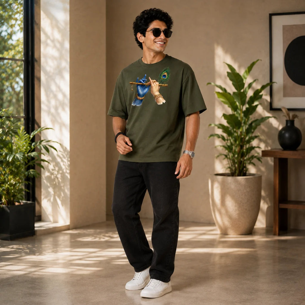 Excello Men's Divine Krishna Flute Graphic Oversized T-Shirt - 240 GSM Pure Cotton, Bio-Washed