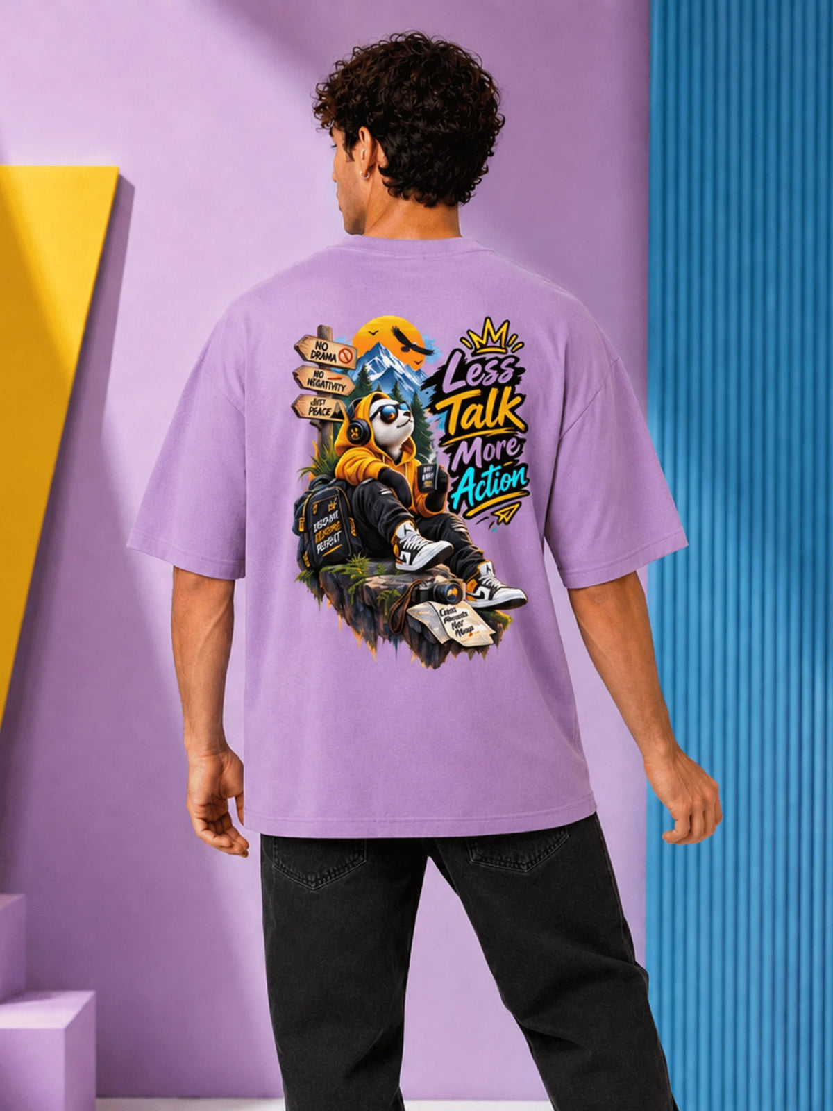 Excello Men's 'Less Talk More Action' Panda Graphic Oversized T-Shirt | Lavender