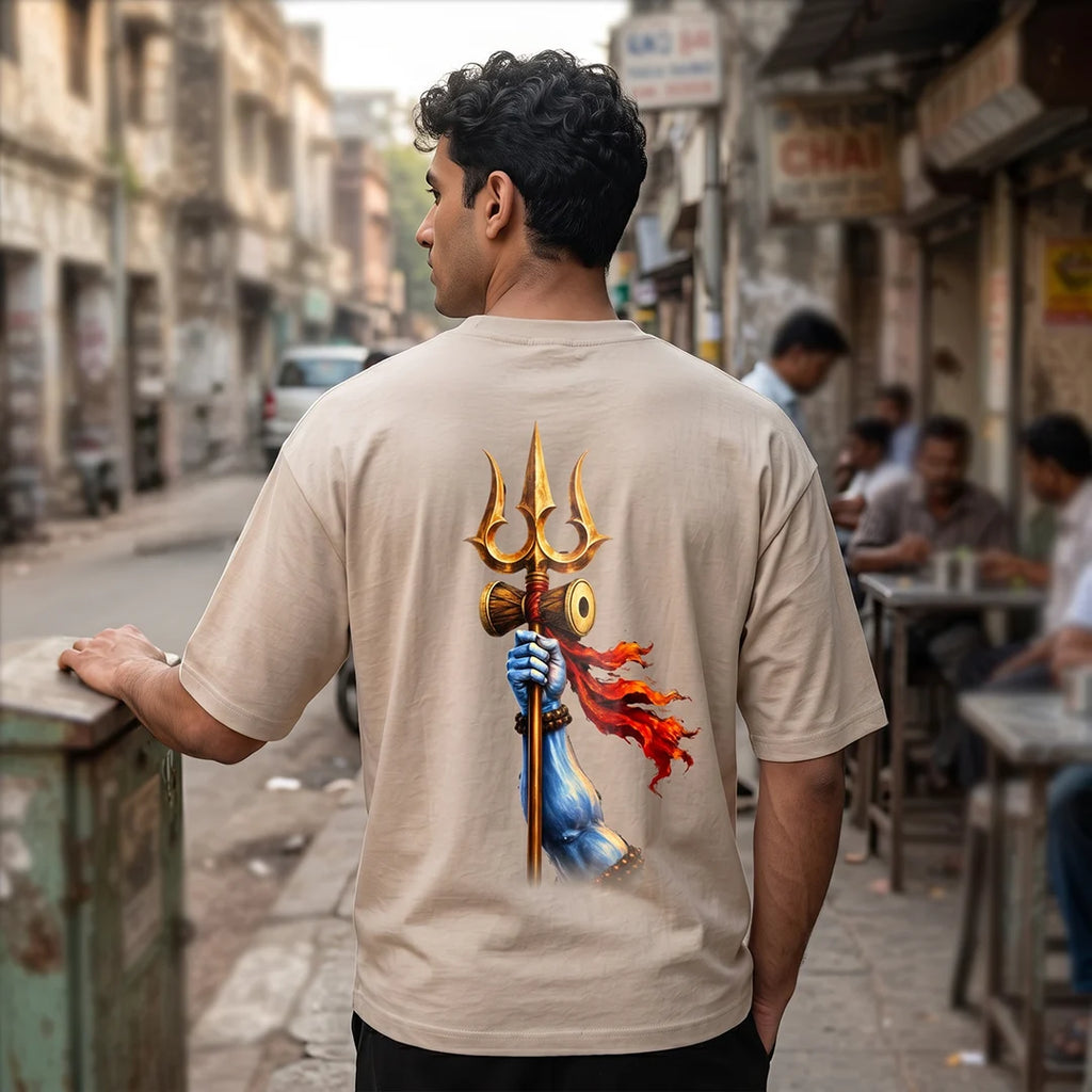 Men's Pure Cotton Oversized Printed T-Shirt | Lord Shiva Mahadev Trishul Graphic Print Drop Shoulder Loose Fit Crew Neck Tee