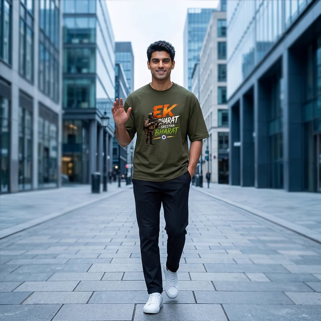 Men's "Ek Bharat Srestha Bharat" Oversized Graphic T-Shirt - 240 GSM Pure Cotton, Bio-Washed