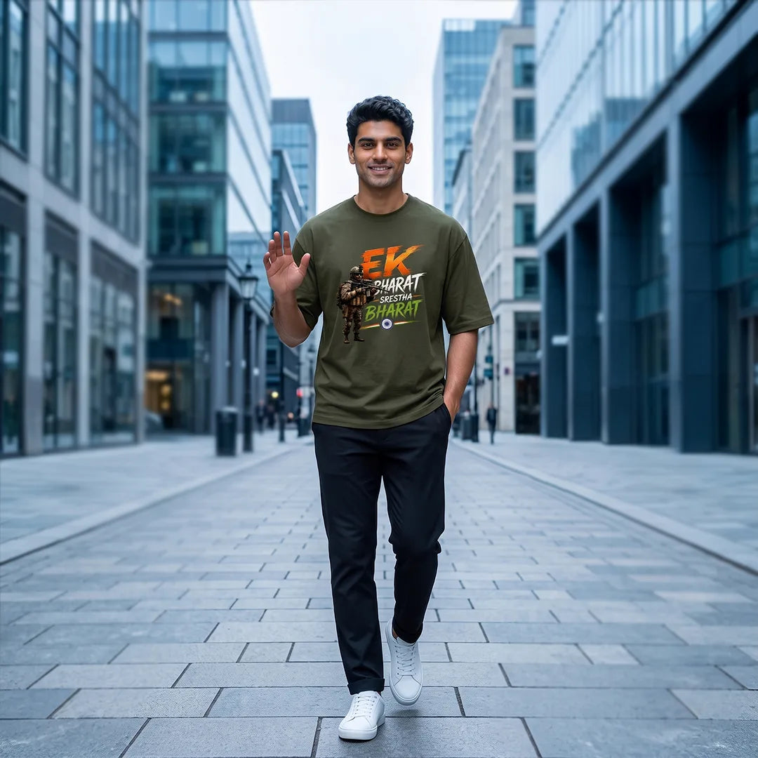 Men's "Ek Bharat Srestha Bharat" Oversized Graphic T-Shirt - 240 GSM Pure Cotton, Bio-Washed
