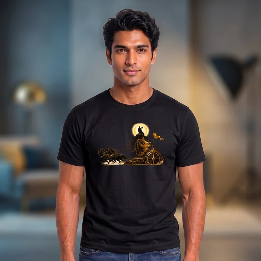 Men's Pure Cotton Regular Fit Lord Krishna Chariot Printed T-Shirt | 180 GSM Bio-Washed Bhagavad Gita Graphic Tee