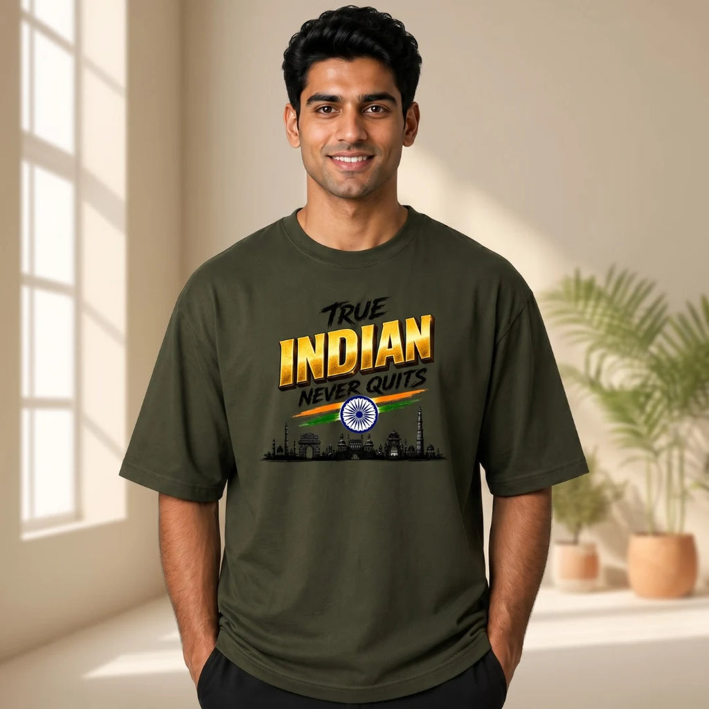 Men's "True Indian Never Quits" Oversized Graphic T-Shirt - 240 GSM Pure Cotton, Bio-Washed