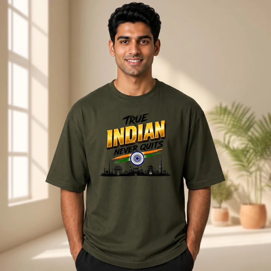 Men's "True Indian Never Quits" Oversized Graphic T-Shirt - 240 GSM Pure Cotton, Bio-Washed