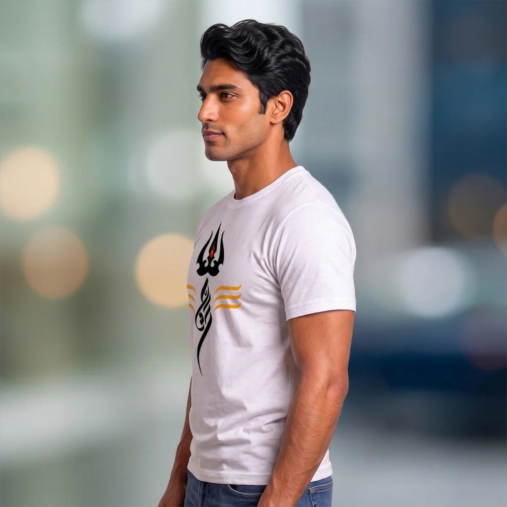 Men's Pure Cotton Regular Fit Mahadev Trishul Tilak Printed T-Shirt | 180 GSM Bio-Washed Spiritual Graphic Tee