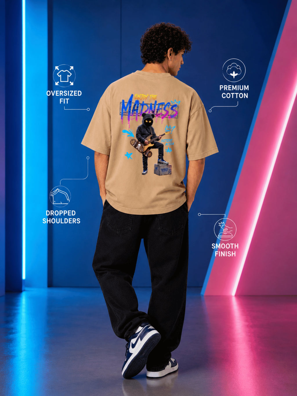 Excello Men's 'Enjoy The Madness' Graffiti Graphic Oversized T-Shirt | Beige