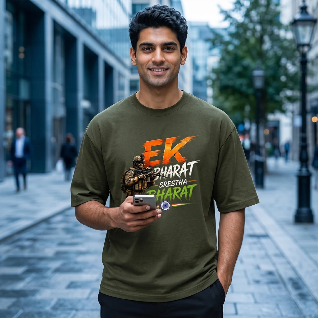 Men's "Ek Bharat Srestha Bharat" Oversized Graphic T-Shirt - 240 GSM Pure Cotton, Bio-Washed