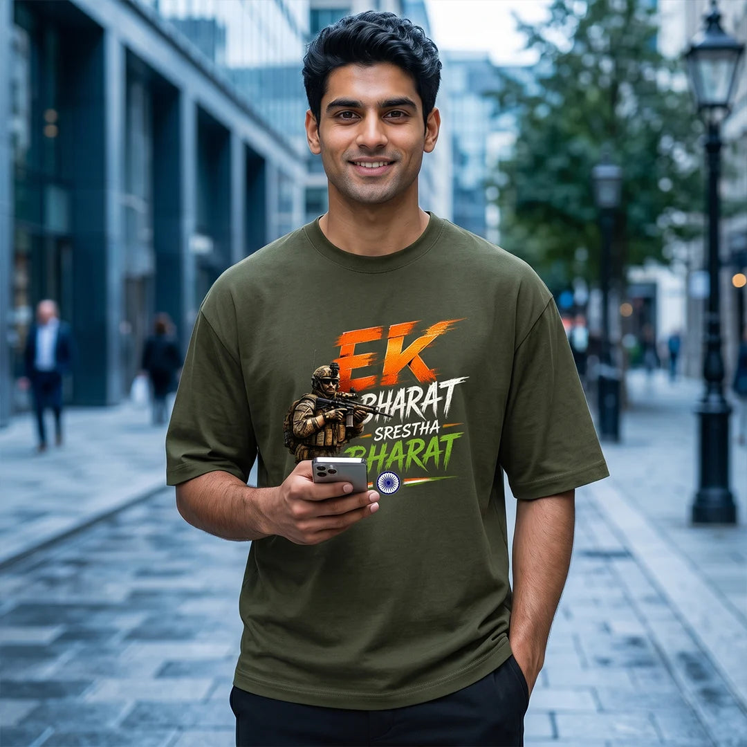 Men's "Ek Bharat Srestha Bharat" Oversized Graphic T-Shirt - 240 GSM Pure Cotton, Bio-Washed